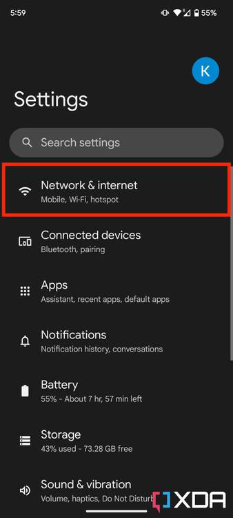 Netowrk and internet option in settings