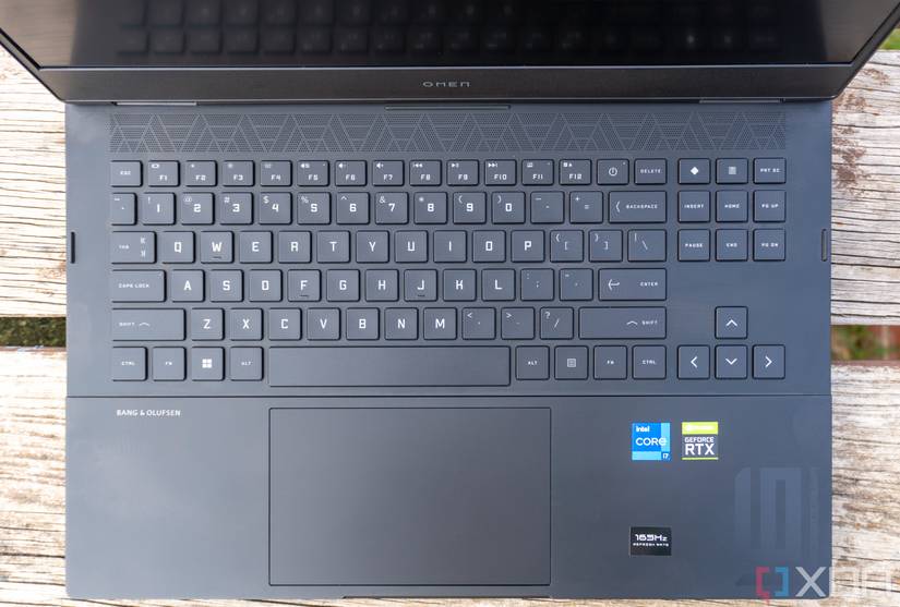 Overhead view of the keyboard deck on the Omen 16 laptop
