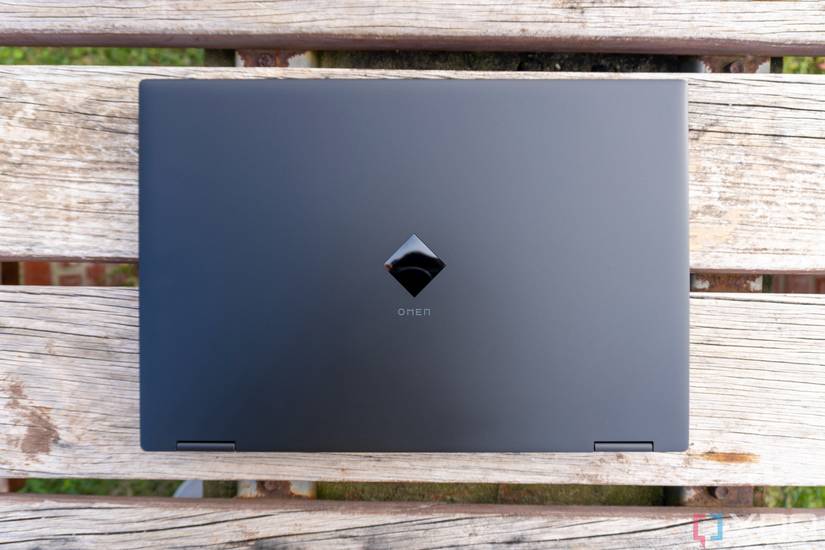 Overhead view of the Omen 16 laptop with the lid closed showing the Omen logo