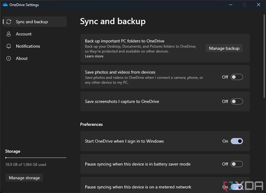 Screenshot of the Backup and sync settings in the OneDrive app for Windows 11