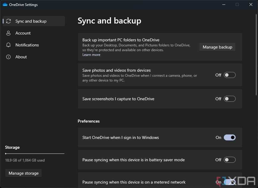 Screenshot of the Backup and sync settings in the OneDrive app for Windows 11