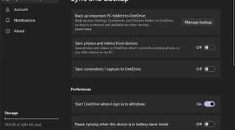 Screenshot of the Backup and sync settings in the OneDrive app for Windows 11