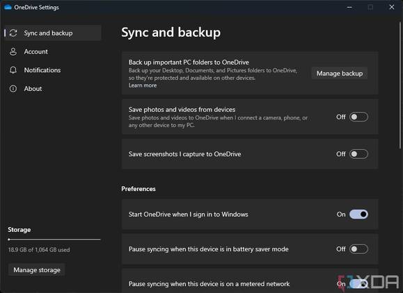 Screenshot of the Backup and sync settings in the OneDrive app for Windows 11