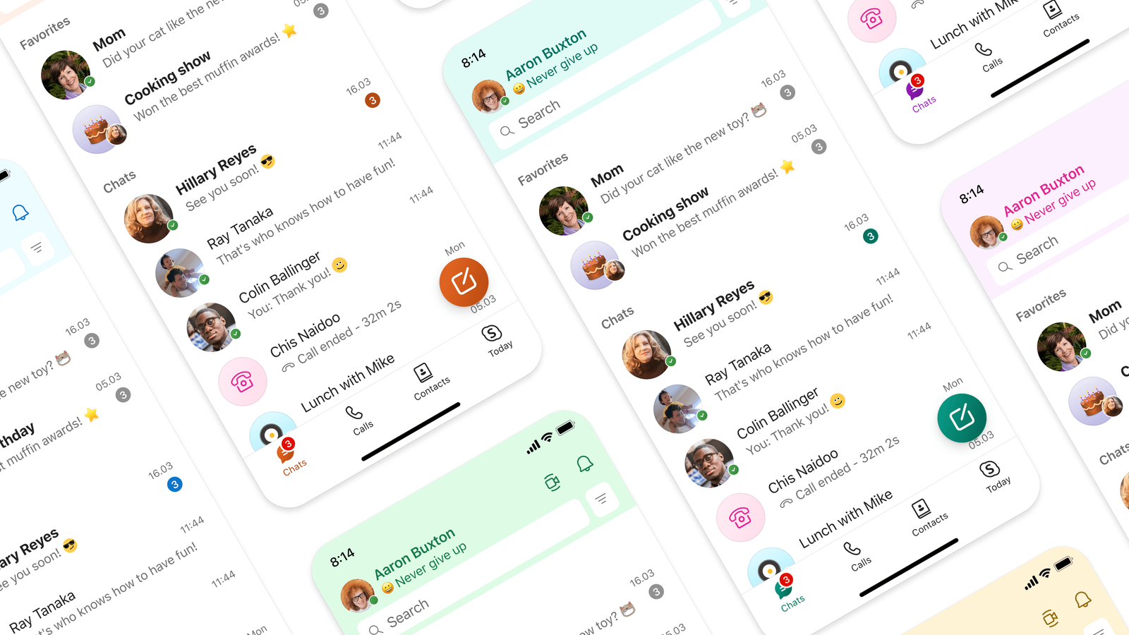 Various screenshots of the Skype app on mobile displaying more colorful themes, including colored headers