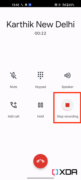 Stop recording the phone call during a call on Phone by Google app