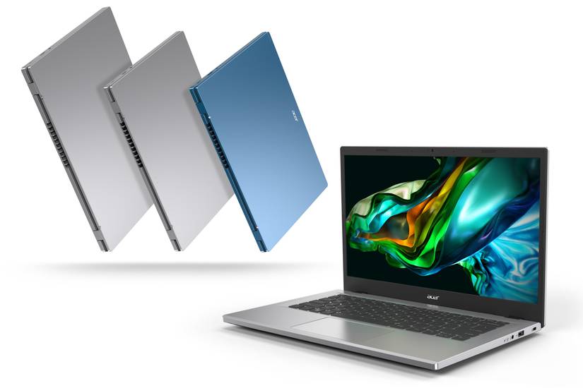 Angled view of the Acer Aspire 4 facing left, with three different sizes of the laptop in the background.