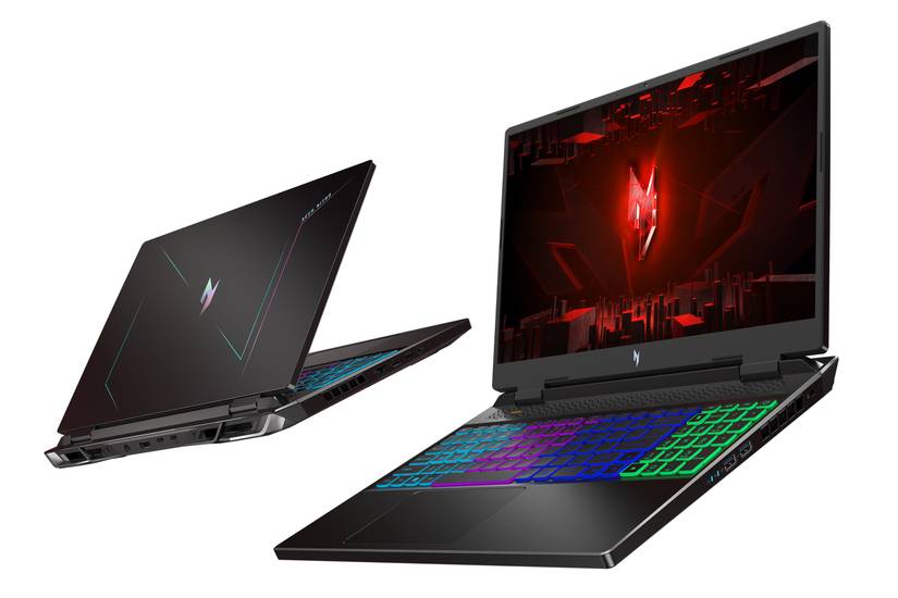 Angled view of the Acer Nitro 16 seen from the front and back