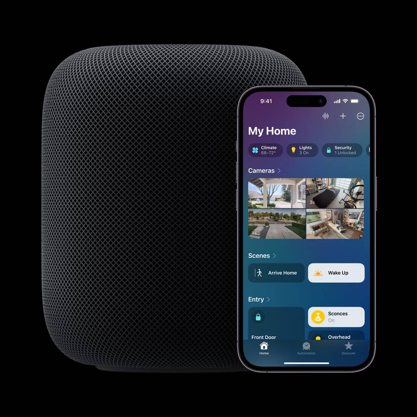 Apple HomePod 2 next to an iPhone with the Home app on screen.