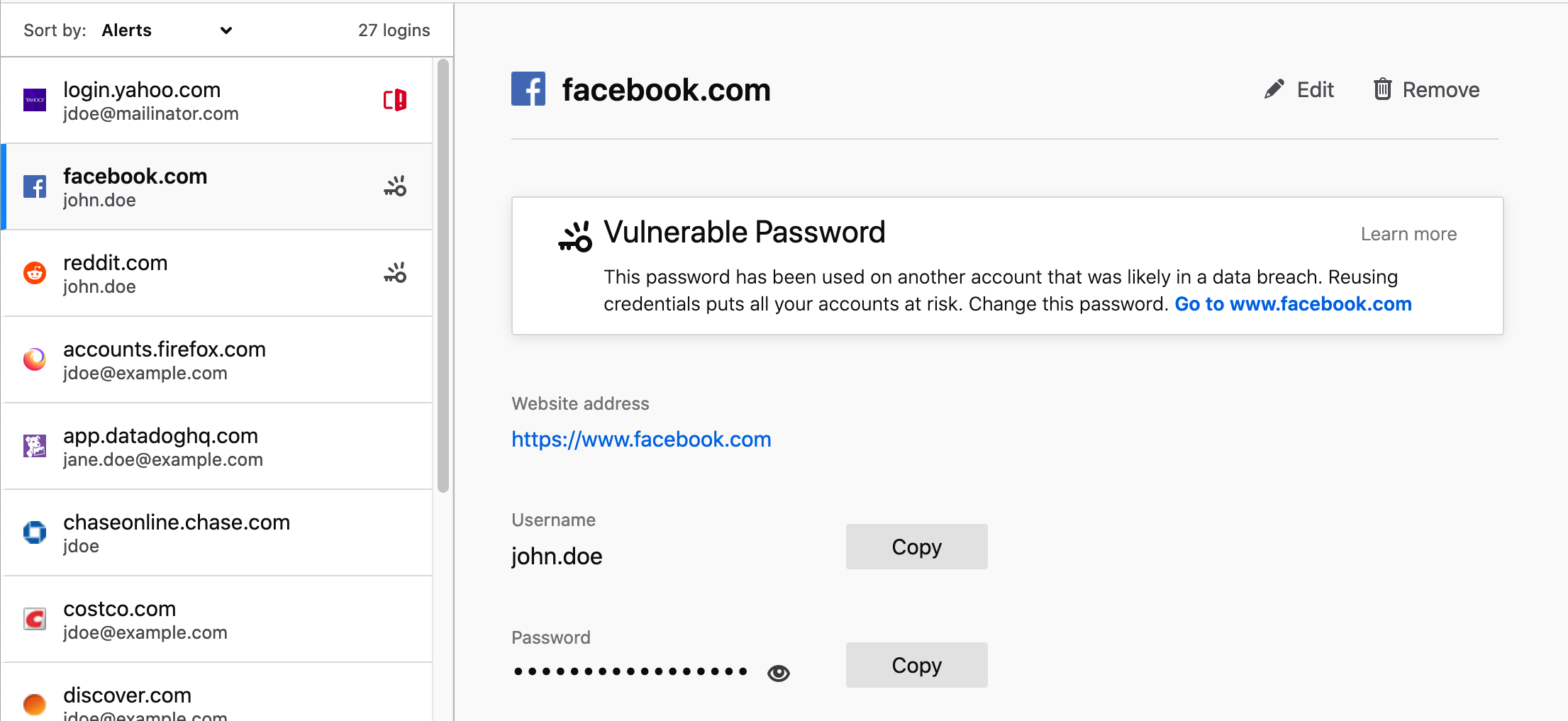 An image showing the screenshot of Firefox breached password alert screen.