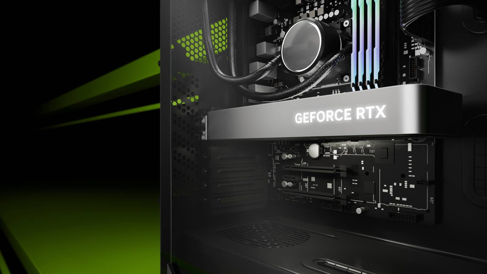 An Nvidia GeForce RTX GPU inside a desktop PC case