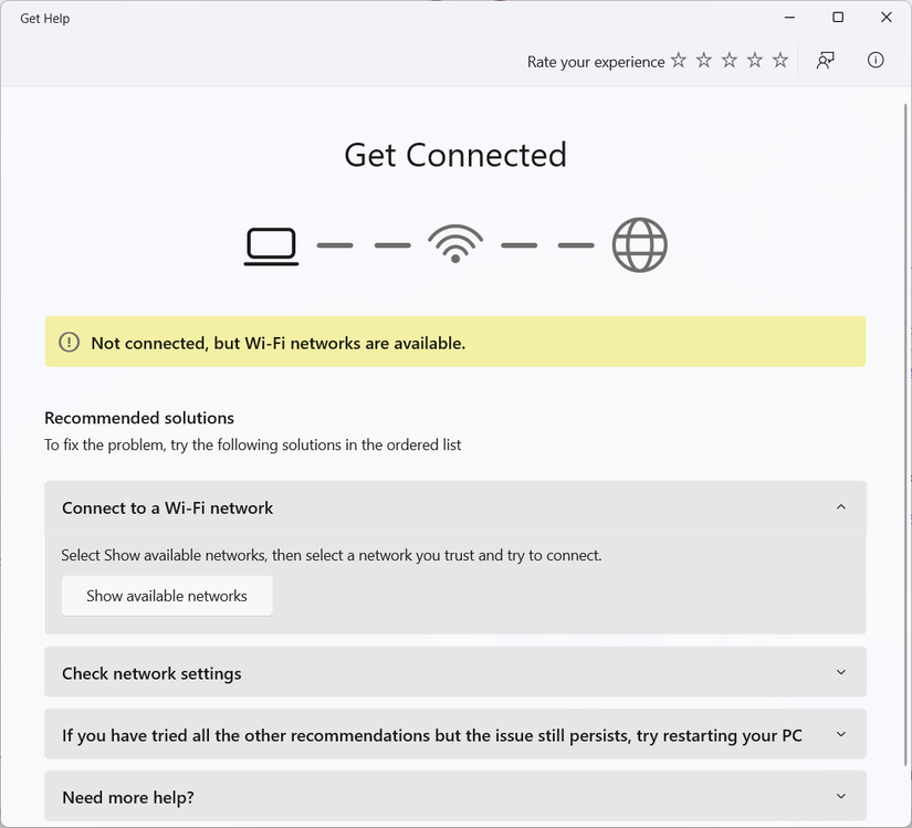 Screenshot of the network troubleshooting experience in the Get Help app for Windows 11