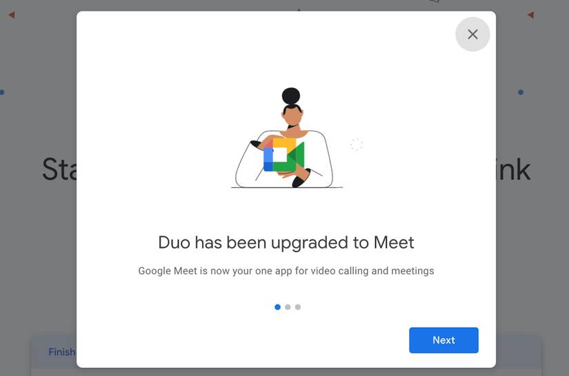 A screenshot within Google Duo web with text that reads "Duo has been upgraded to Meet".