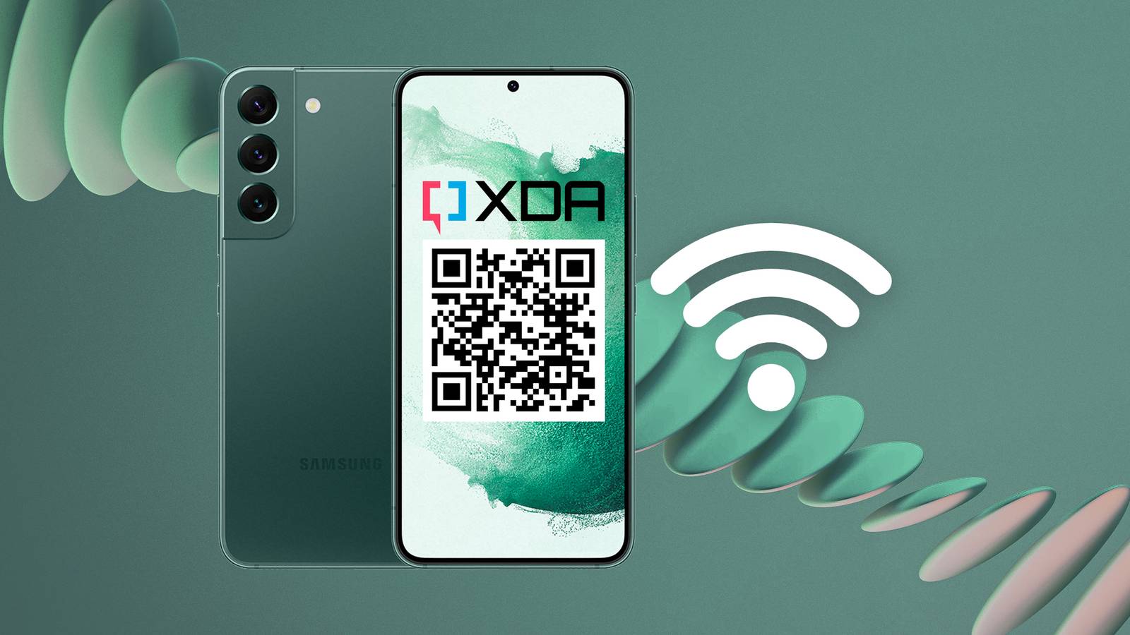 A render of the Samsung Galaxy S22 showing the XDA logo and a QR code to illustrate Wi-Fi password sharing features in Android.