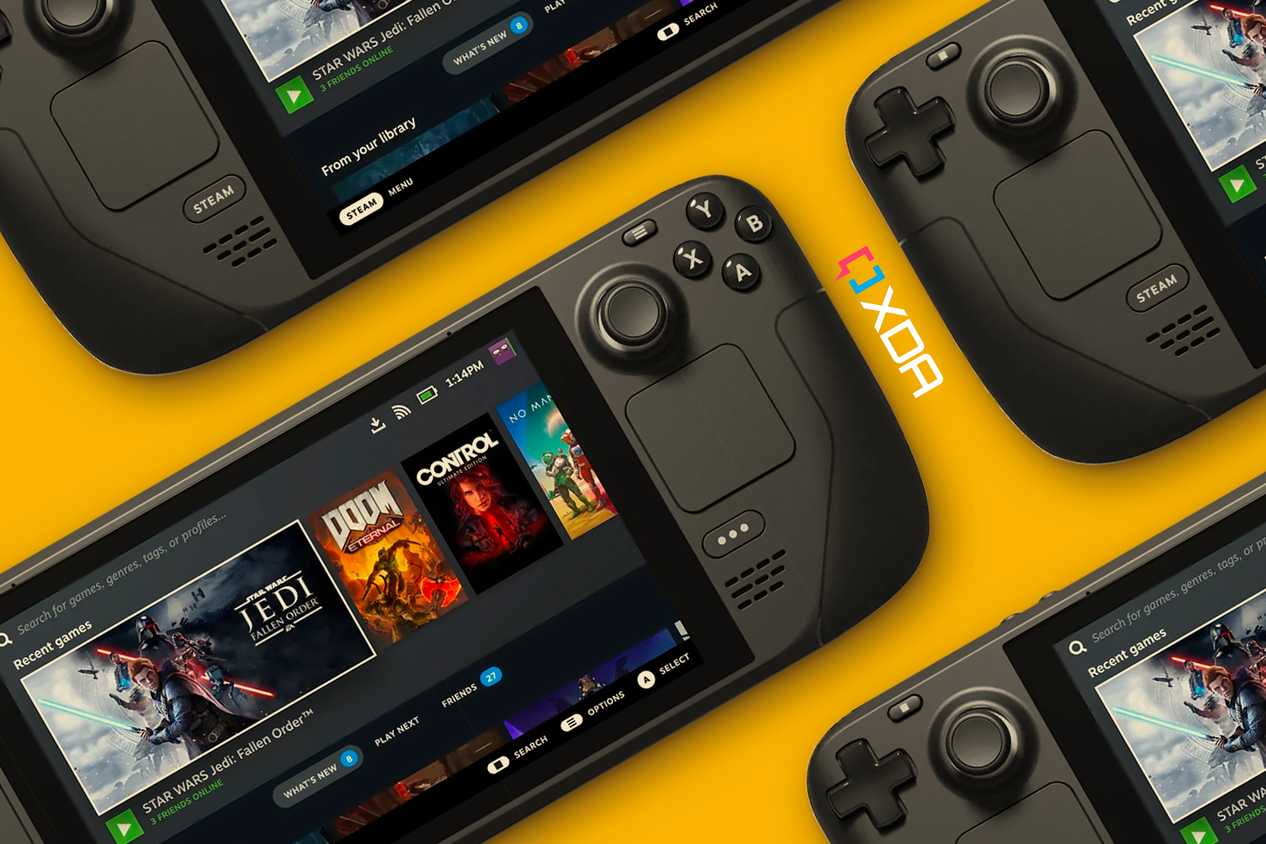 A yellow background with multiple Steam Decks