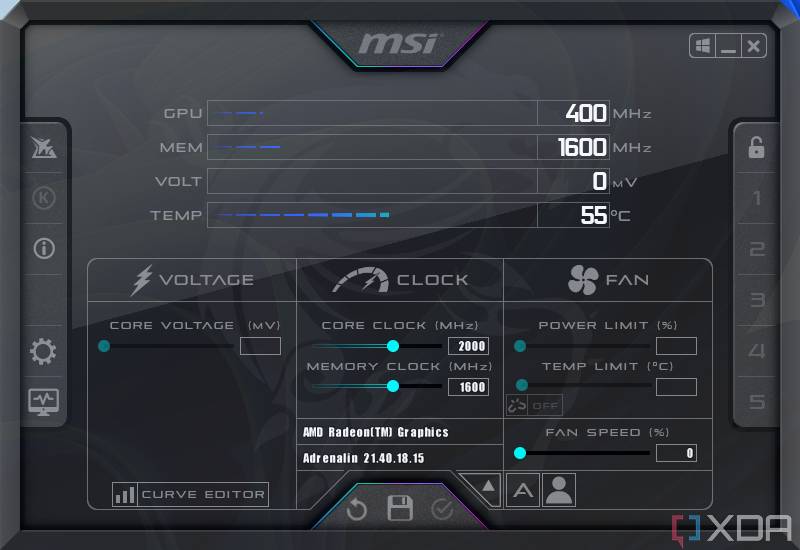 Screenshot of the MSI Afterburner app showing GPU metrics and settings