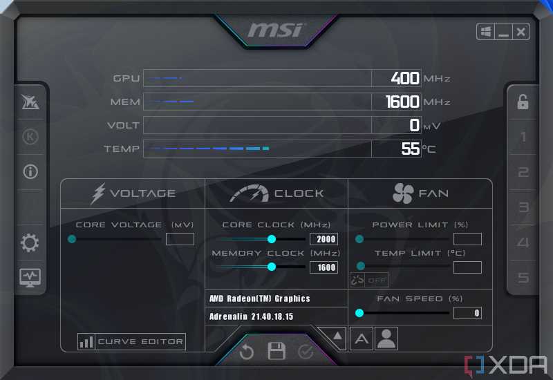 Screenshot of the MSI Afterburner app showing GPU metrics and settings