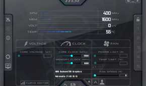 Screenshot of the MSI Afterburner app showing GPU metrics and settings