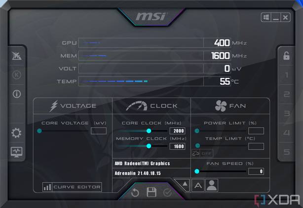 Screenshot of the MSI Afterburner app showing GPU metrics and settings