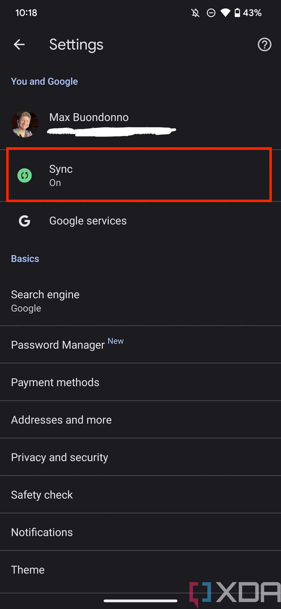 Screenshot of sync setting in Google Chrome on Android.