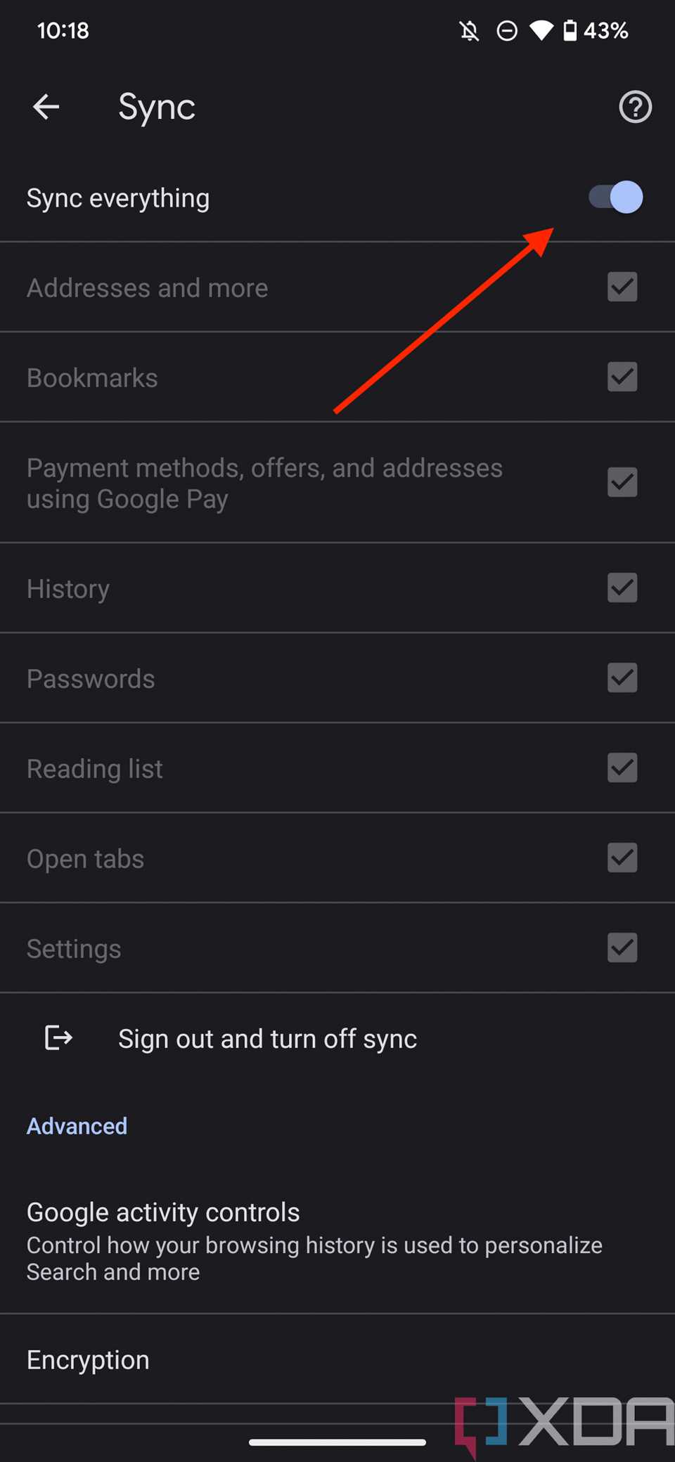 Screenshot of Sync everything toggle in Google Chrome on Android.