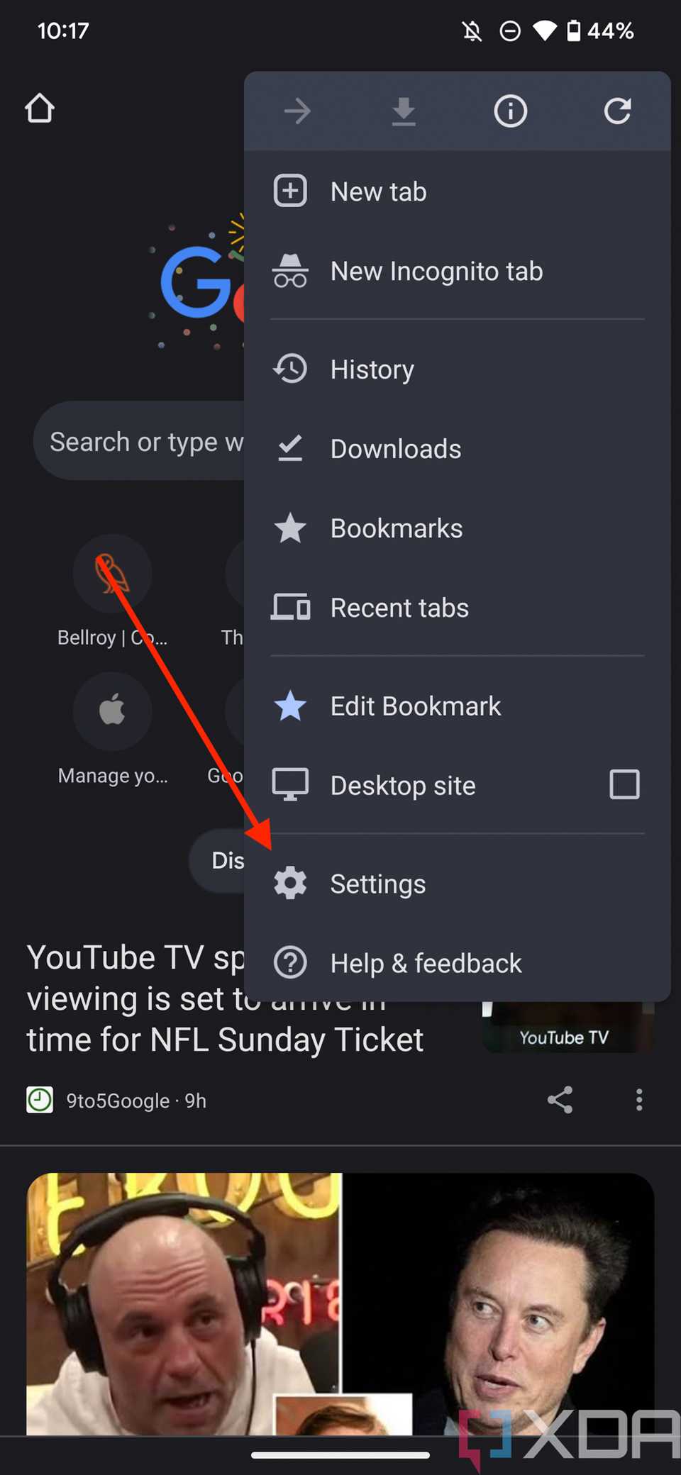 Screenshot of Google Chrome settings menu button on Android.