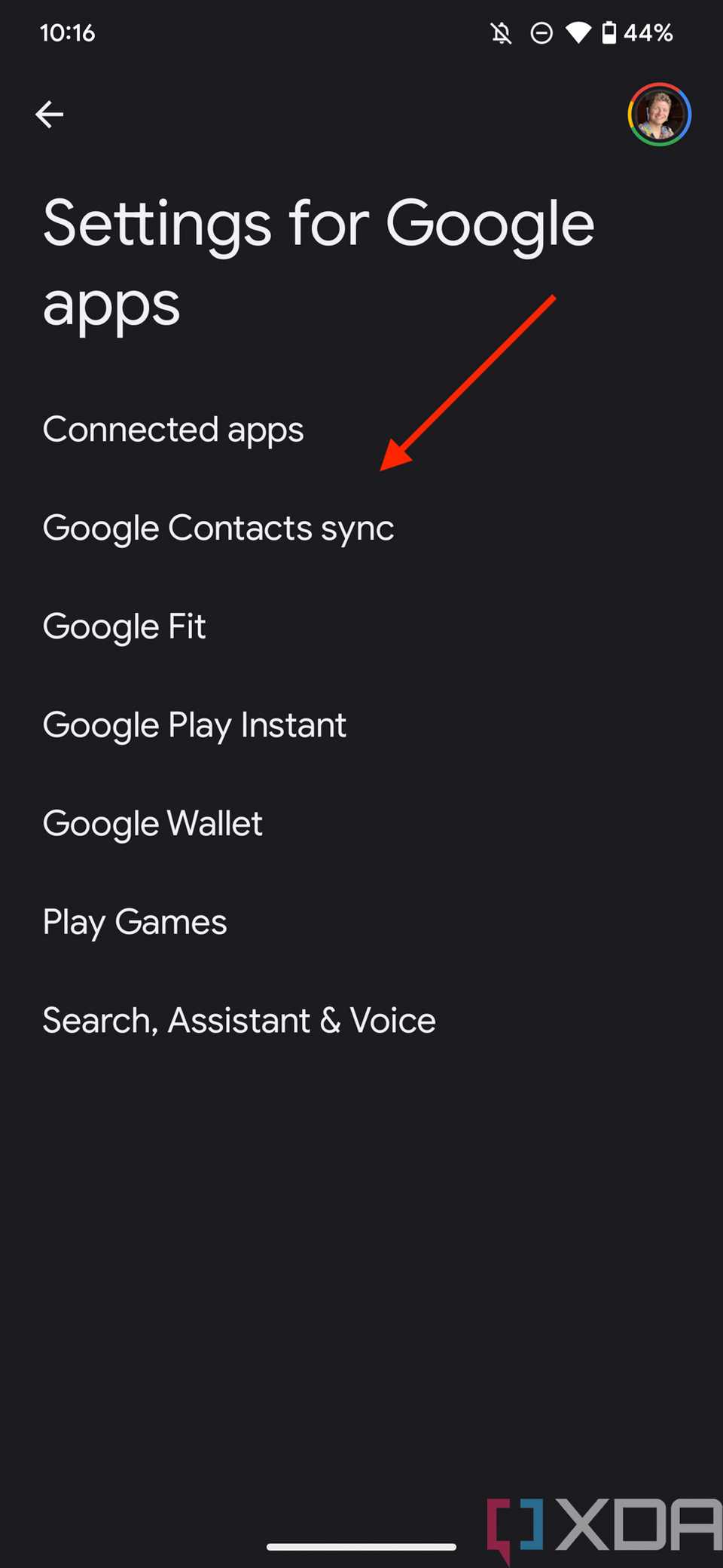 Screenshot of Google Contacts sync menu option in Settings on Android.