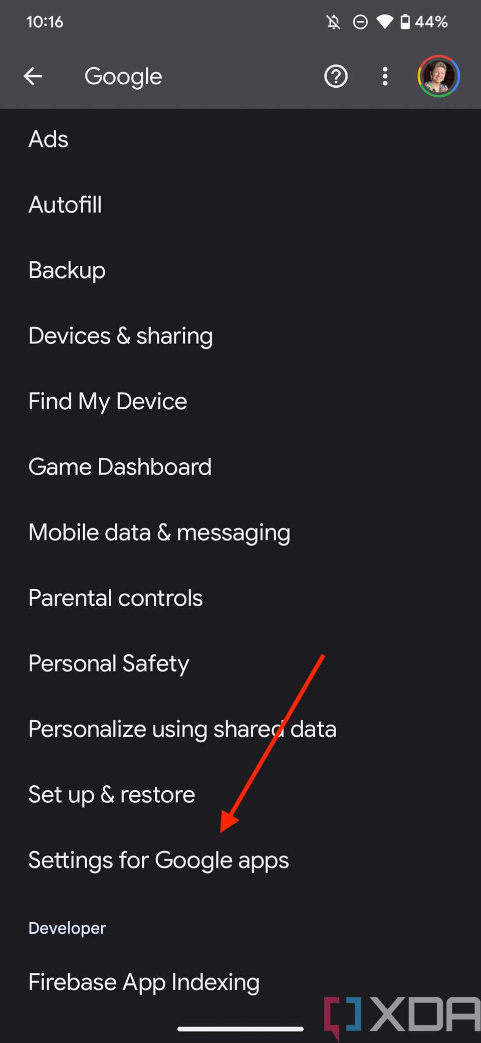 Screenshot of Settings for Google apps menu option in Settings on Android.