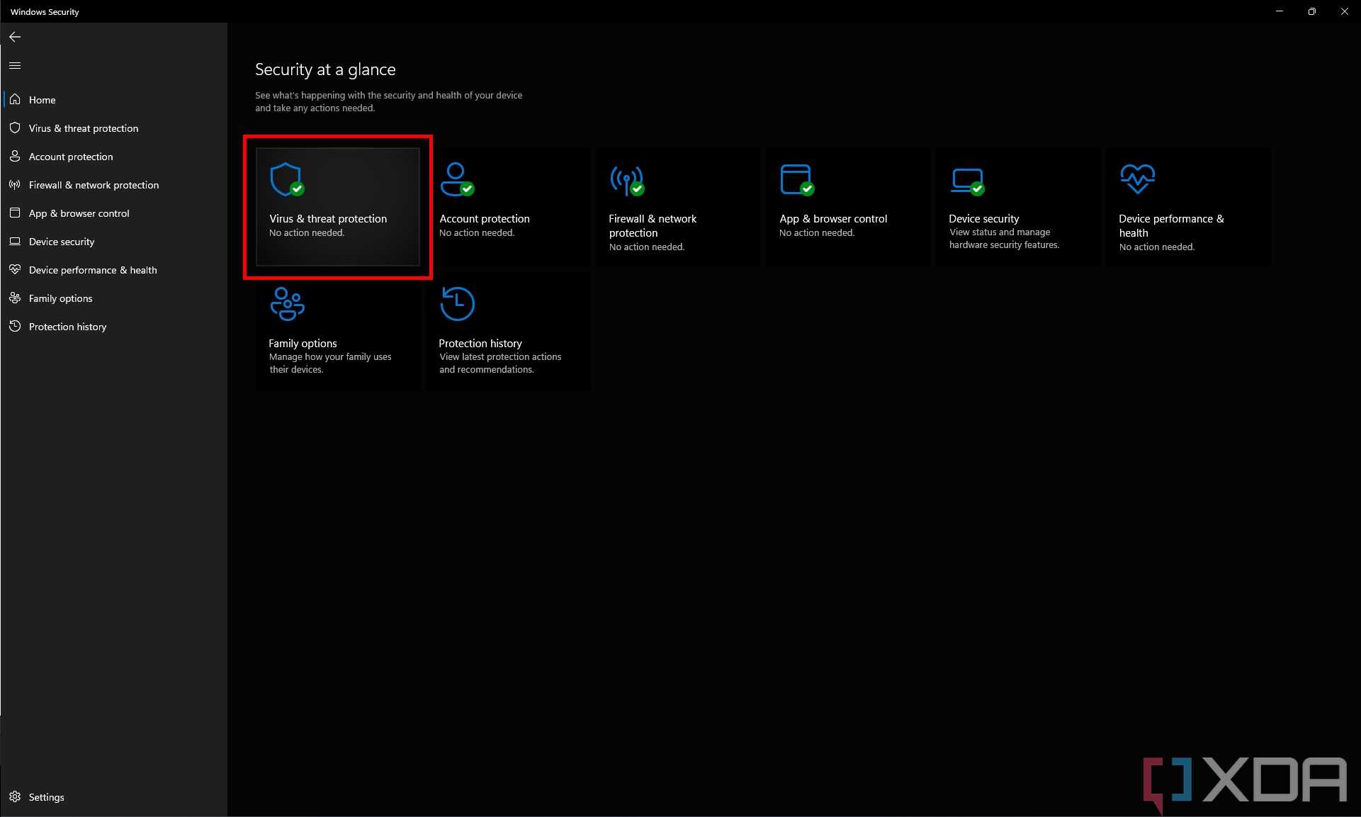 Screenshot of the Windows Security app with the Virus & threat protection button highlighted