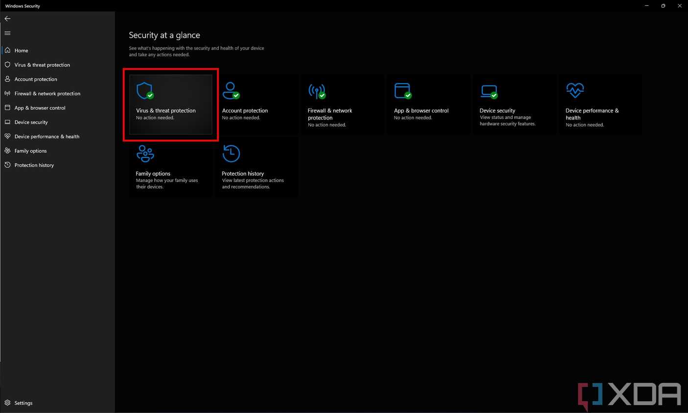 Screenshot of the Windows Security app with the Virus & threat protection button highlighted