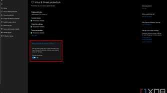 Screenshot of Microsoft Defender virus & threat protection settings when another antivirus is installed, showing that the option to run a periodic scan is enabled.
