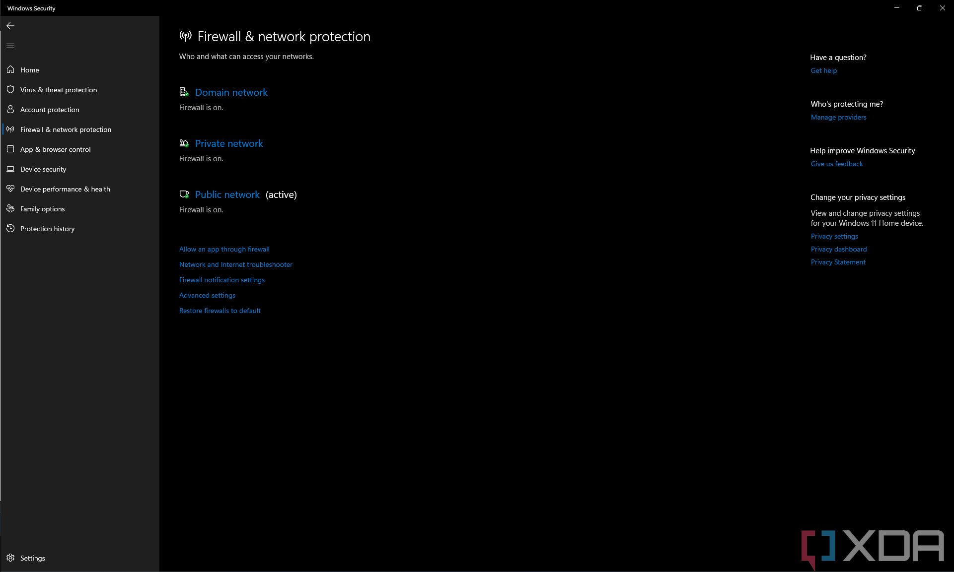 Screenshot of the Firewall & network control section in the Windows Security app