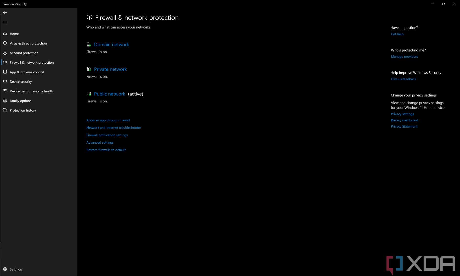 Screenshot of the Firewall & network control section in the Windows Security app