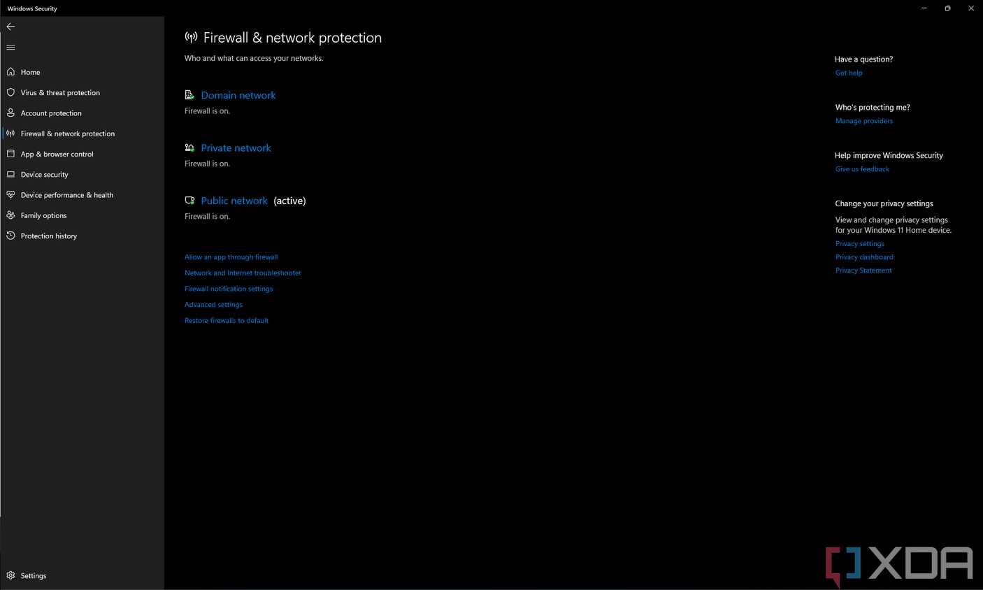 Screenshot of the Firewall & network control section in the Windows Security app