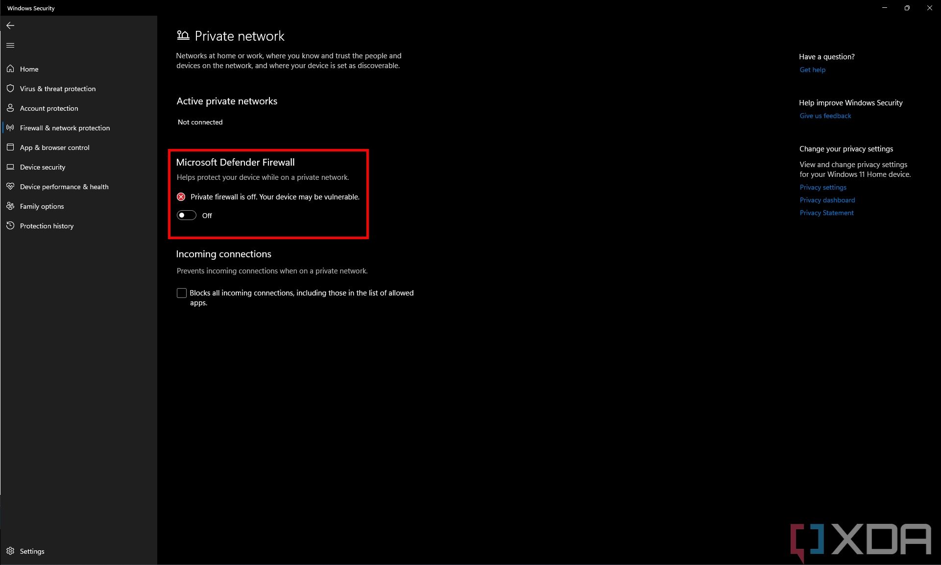 Screenshot of the Microsoft Defender Firewall settings for private networks, showing that the firewall is disabled.