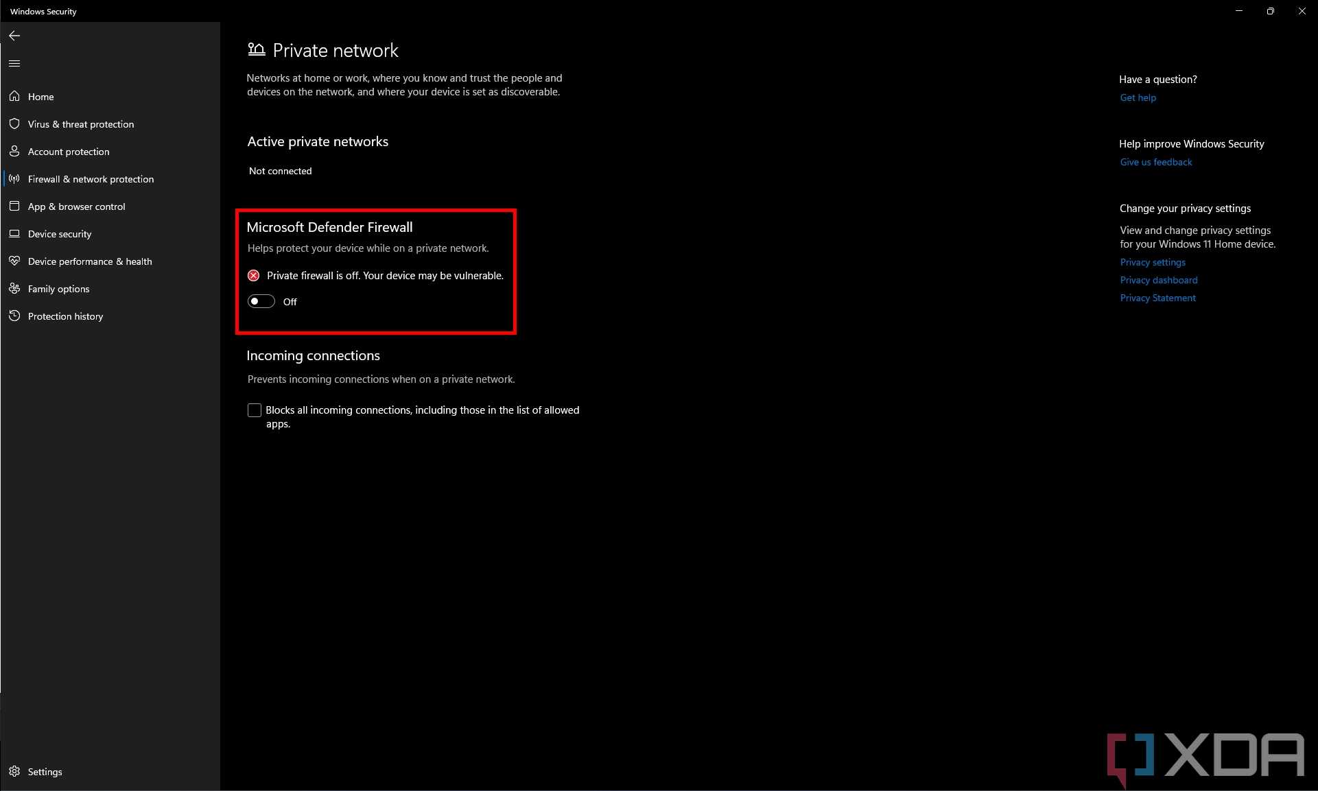 Screenshot of the Microsoft Defender Firewall settings for private networks, showing that the firewall is disabled.