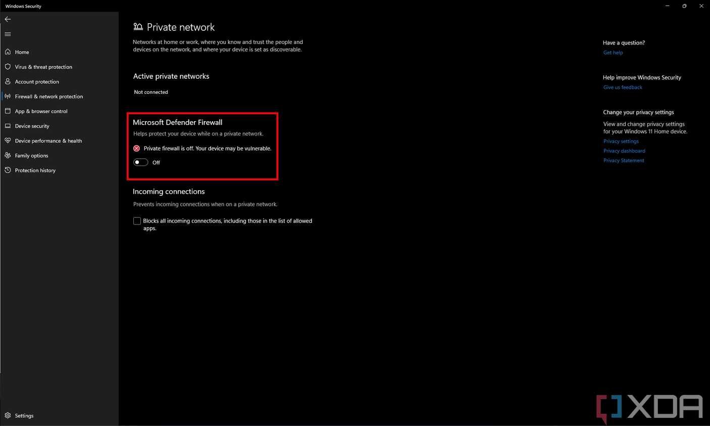 Screenshot of the Microsoft Defender Firewall settings for private networks, showing that the firewall is disabled.