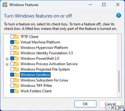Screenshot of the optional featured panel in Windows 11 showing Windows Sandbox is enabled