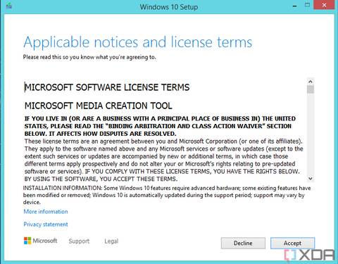 Screenshot of Windows Media Creation Tool displaying the license terms with buttons at the bottom to decline or accept the terms.