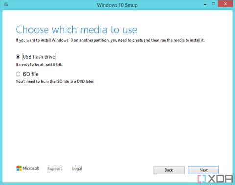 Screenshot of the Media Creation Tool asking users whether they want to use a USB drive or ISO file as installation media.