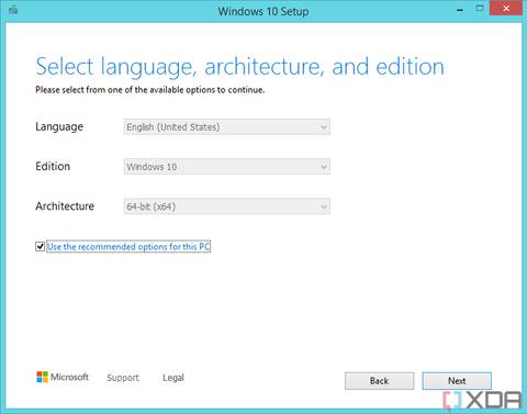 Screenshot of Media Creation Tool asking the user to select the language, edition, and architecture of Windows 10 to be installed. The options are greyed out to indicate they're locked to match the current settings on the computer.