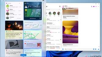 Screenshot of a Windows 11 desktop with the Messenger app open and the Widgets board showing the corresponding widget