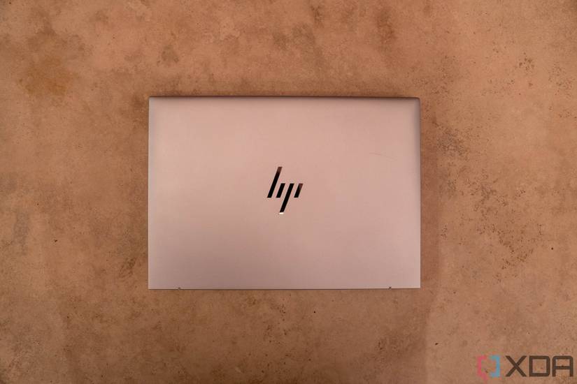 Top down view of silver HP laptop