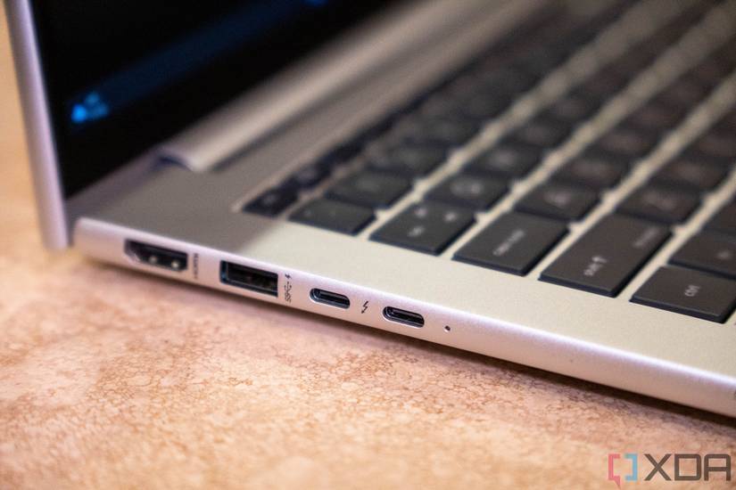 Close up of two USB Type-C ports, USB Type-A, and HDMI