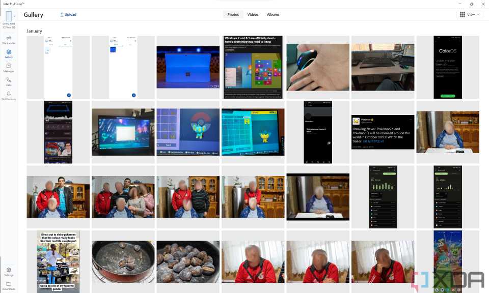 Screenshot of the Intel Unison app showing the gallery of photos from a connected Android phone.