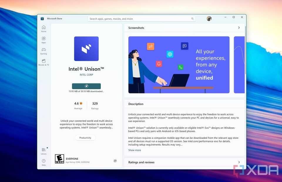 A screenshot of the Microsoft Store listing for Intel Unison on Windows 11