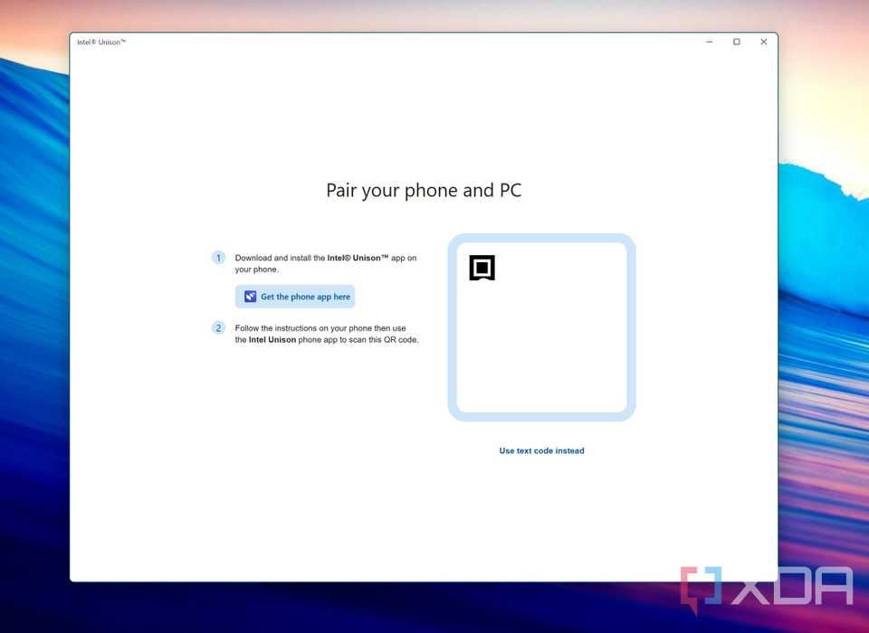 A screenshot of an QR code for setting up Intel Unison on a Windows 11 PC
