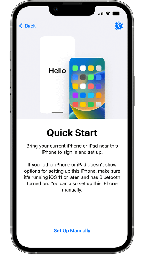 A screenshot of the Quick Start screen in the Move to iOS app on iPhone.