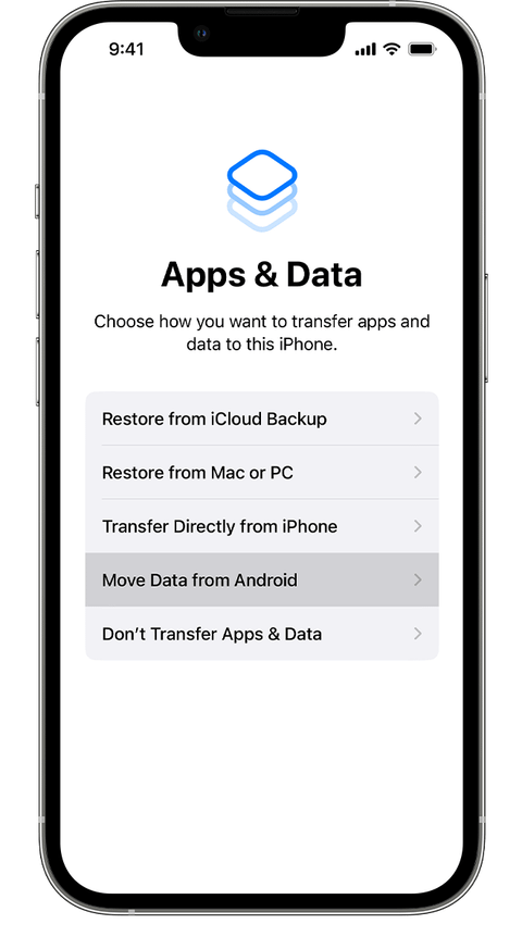 A screenshot of the Apps & Data screen in the Move to iOS app on iPhone.