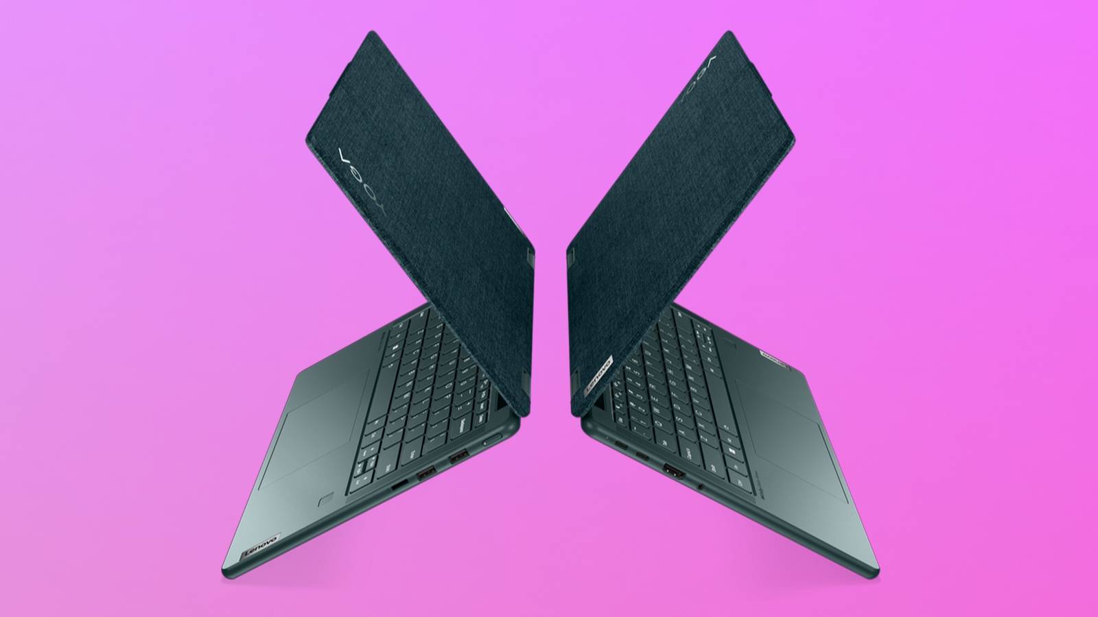 Side view of two Lenovo Yoga 6 laptops with aluminum tops back to back over a pink and purple gradient background