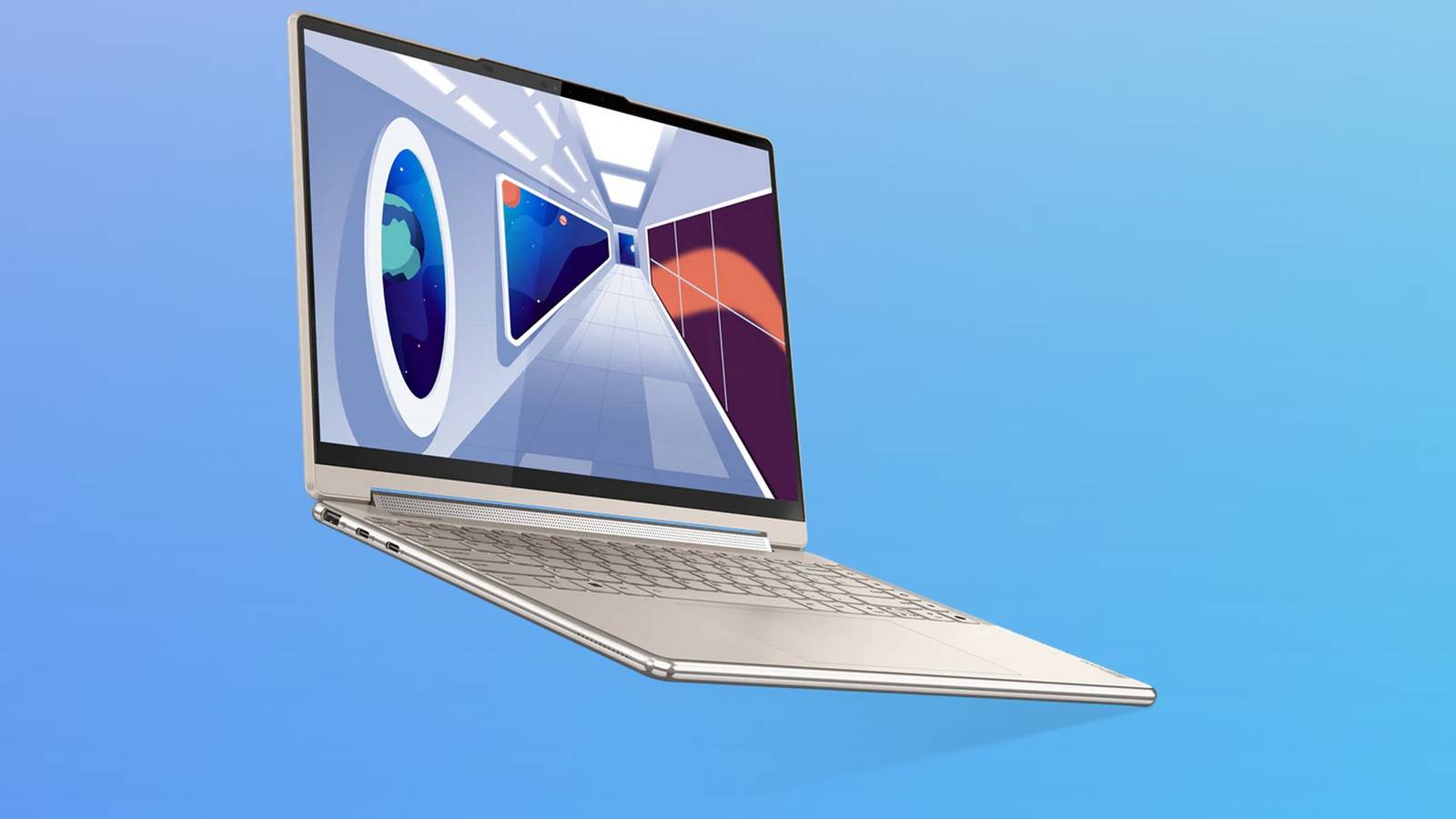 Angled front view of the Lenovo Yoga 9i facing right with the lid open at 90 degrees, over a blue gradient background